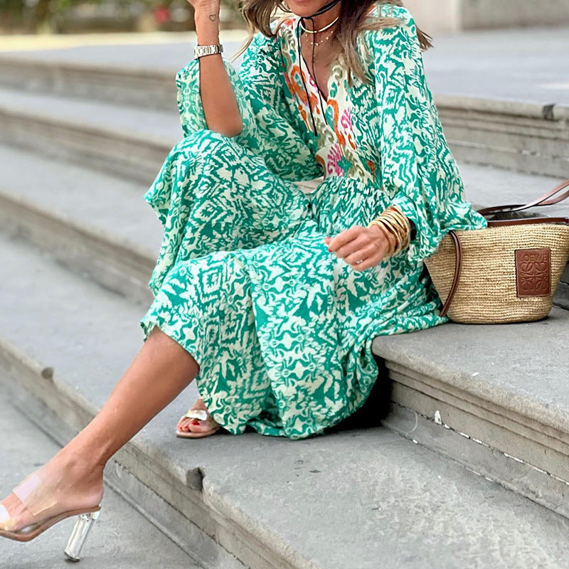 Autumn Women Casual V neck Long Sleeve Mid Length Printed Dress