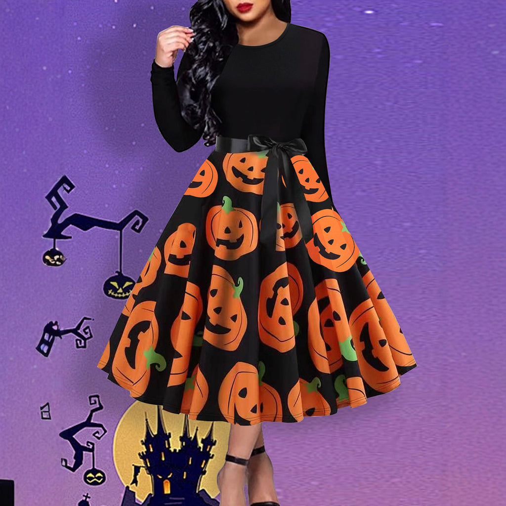 Women Clothing Pumpkin Bow Halloween Dress Long Sleeve Princess Holiday Casual