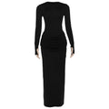 Women Clothing Autumn Winter Slim round Neck Solid Color Fold Split Long Sleeve Elegant Dress for Women