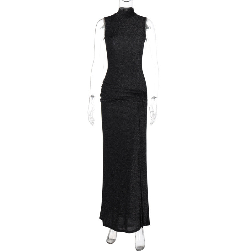 Autumn Elegant Slim Turtleneck Sleeveless Stitching Ribbon Bright Silk Dress Women