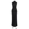 Autumn Elegant Slim Turtleneck Sleeveless Stitching Ribbon Bright Silk Dress Women