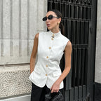 Fashionable Elegant Sleeveless Vest Top Spring Summer White Small Stand Collar Office Casual Shirt