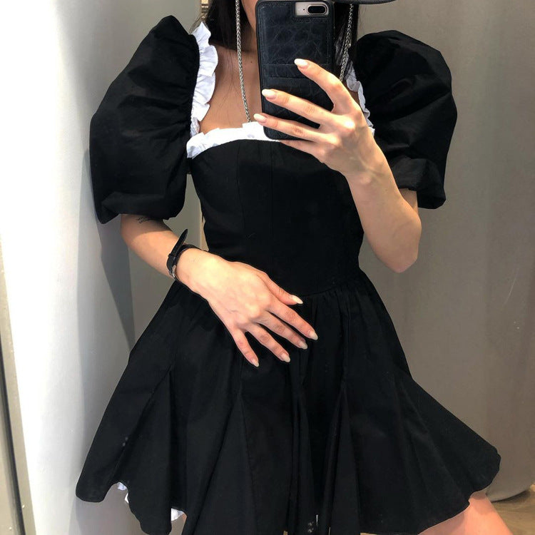 Black White Contrast Color Square Collar Puff Sleeve Sexy Backless Dress High Sense Women Clothing