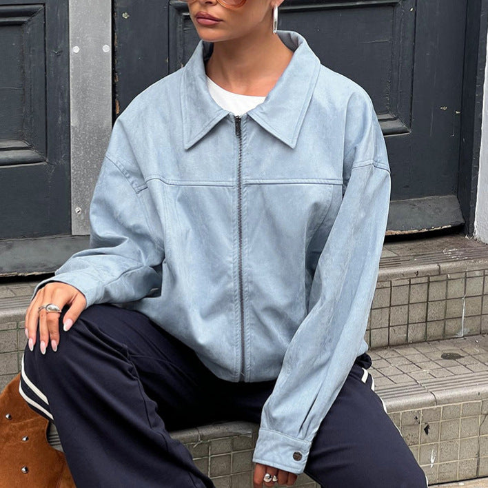 Retro Leather Coat Women Niche Blue Cool Feeling High Street Fashionable Zipper Autumn Winter Suede Jacket