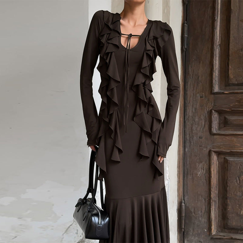Women Clothing Autumn Ruffles Lace up Long Sleeve Waist Dress