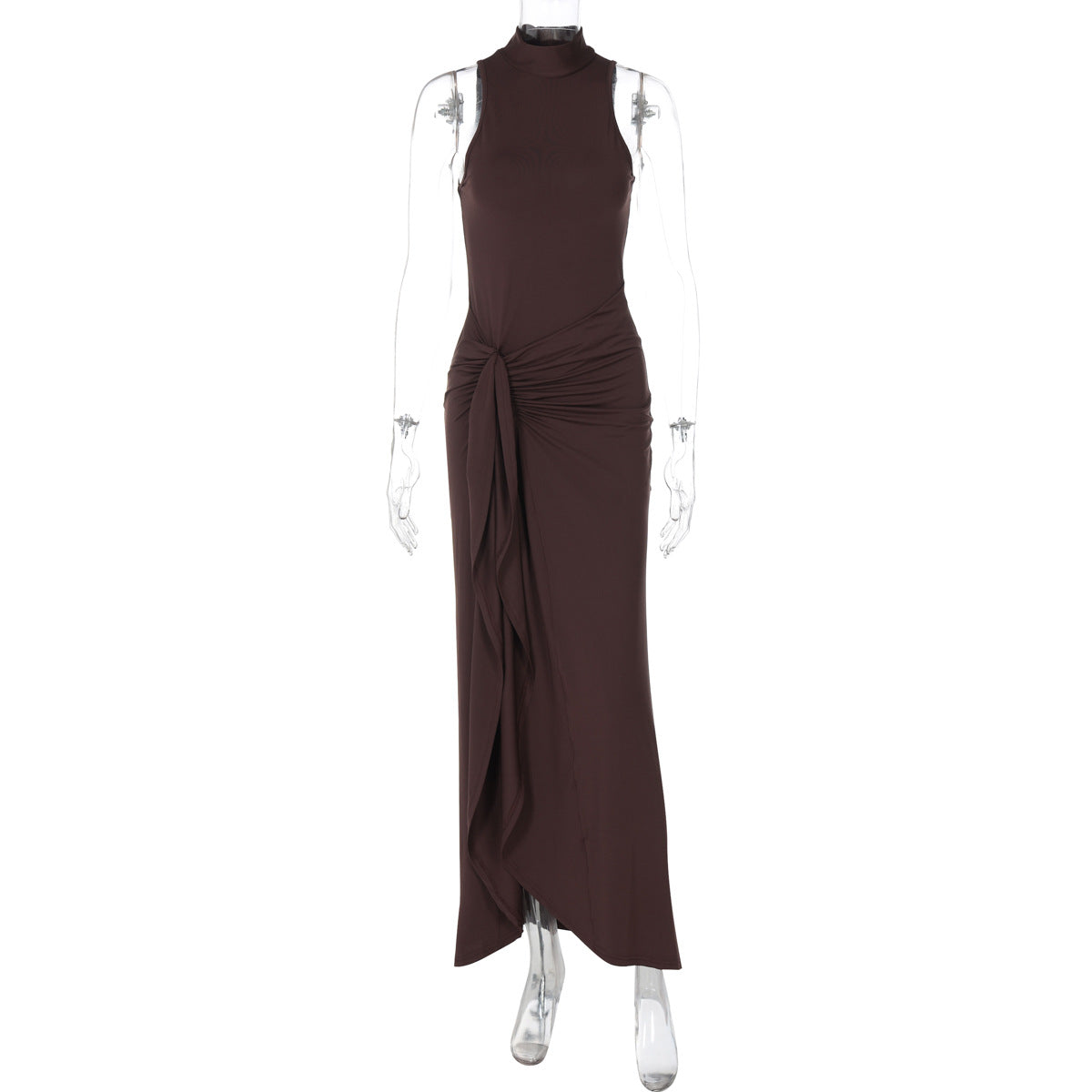 Summer Women Clothing Solid Color round Neck Sleeveless Bandage Sexy Slit Dress