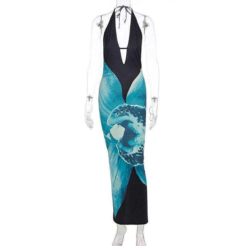 Women Clothing Summer Sexy Sleeveless Halter Printed Hip Bag Backless Dress Sling