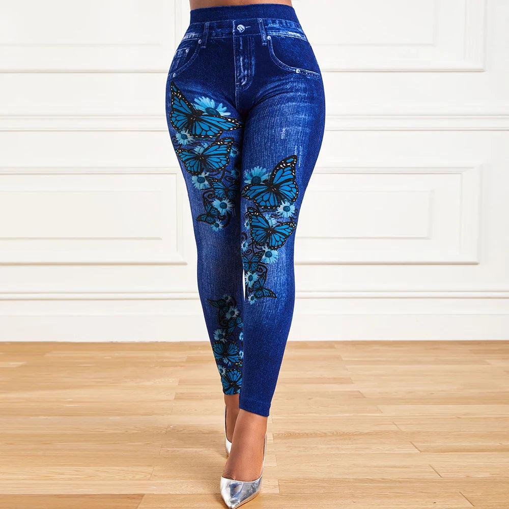 Plus Size Oversized Women High Waist Stretchy Legging Denim Look Skinny Leggings