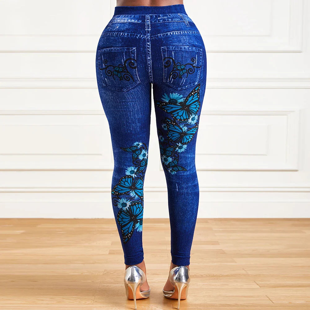 Plus Size Oversized Women High Waist Stretchy Legging Denim Look Skinny Leggings