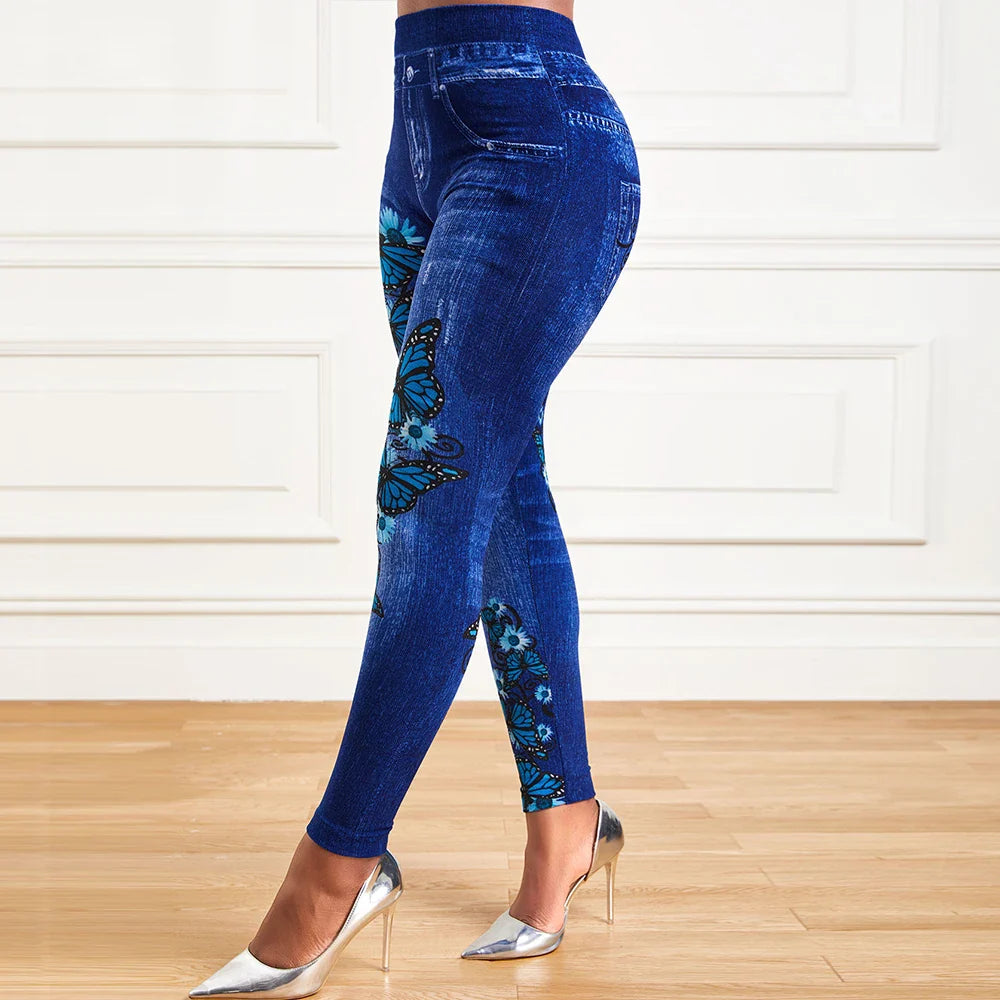 Plus Size Oversized Women High Waist Stretchy Legging Denim Look Skinny Leggings