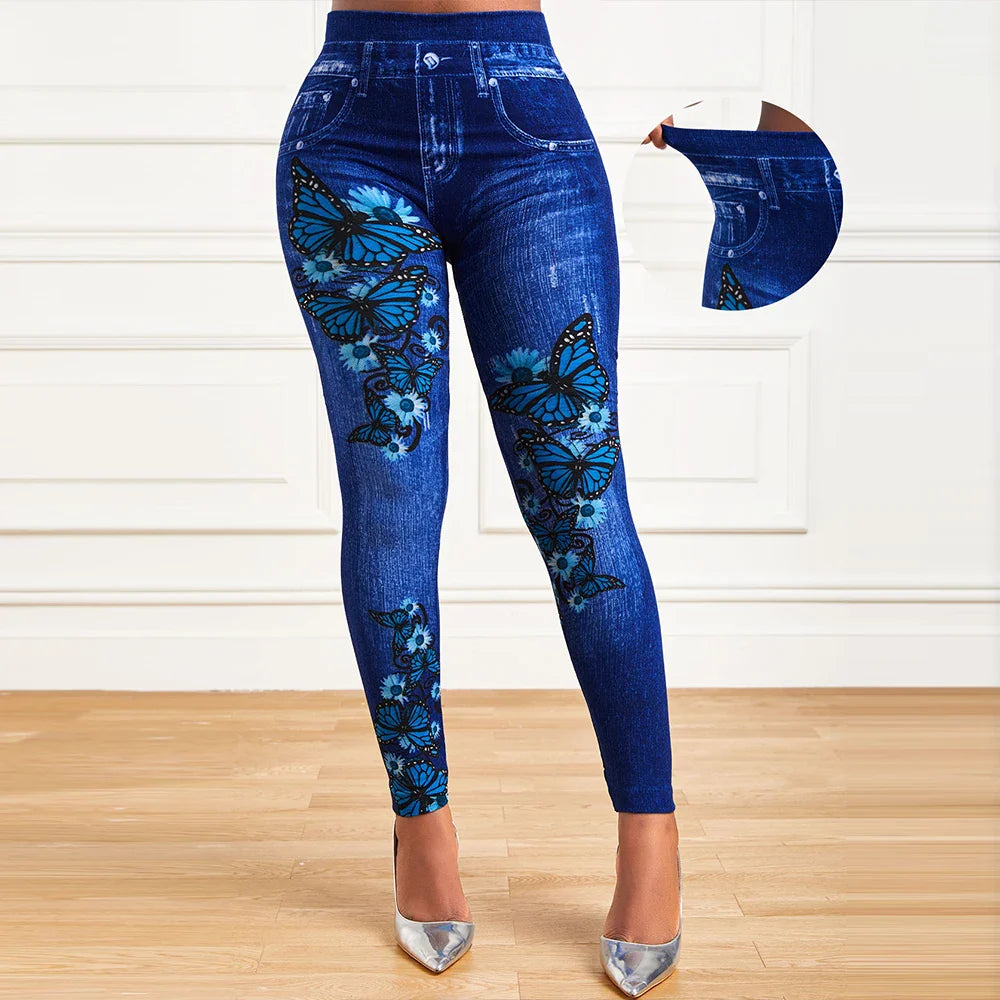 Plus Size Oversized Women High Waist Stretchy Legging Denim Look Skinny Leggings