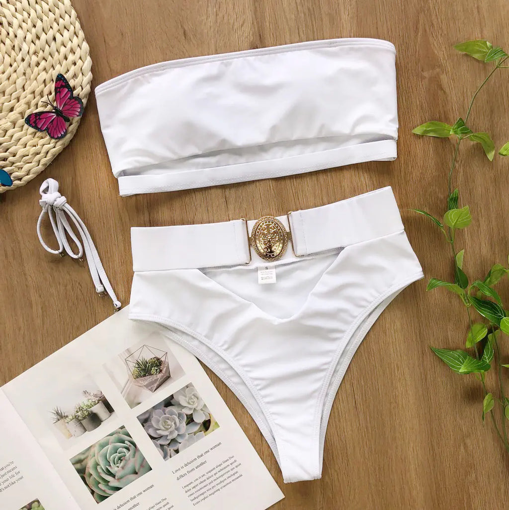 Chic Metal Buckle Strapless Bikini Swimsuit for Women