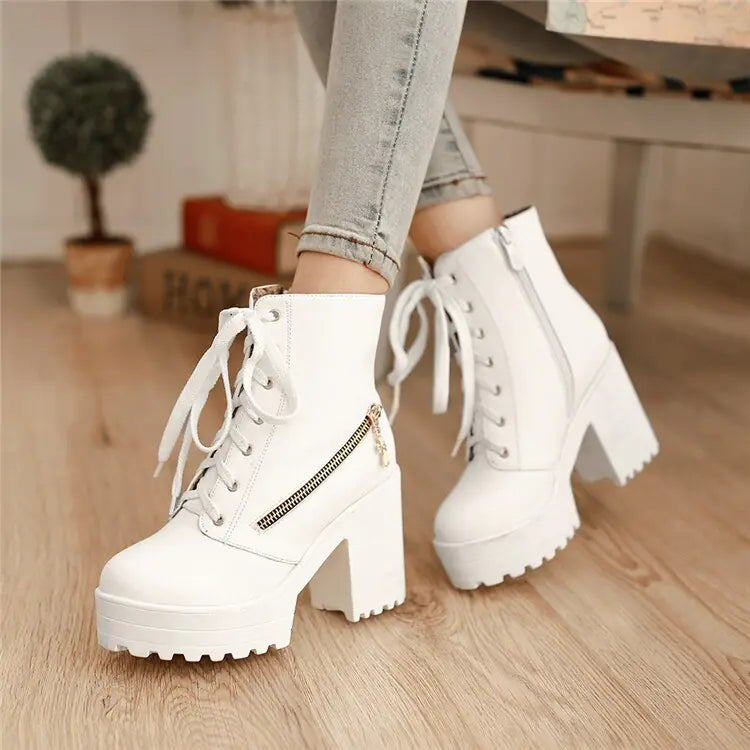 Women's Vintage Martin Ankle Boots with Chunky Heels