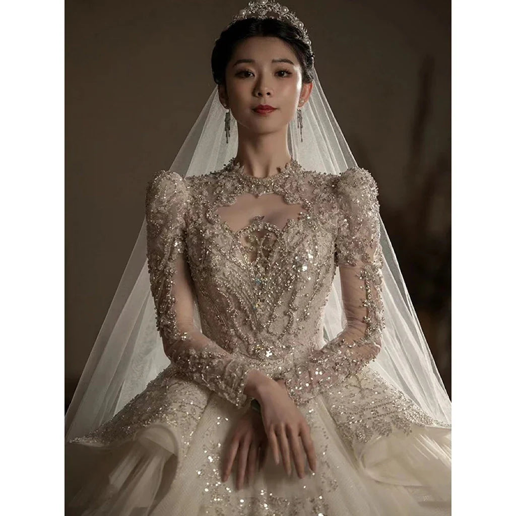 Luxury Wedding Gown with Shiny High Neck Beads EDW239