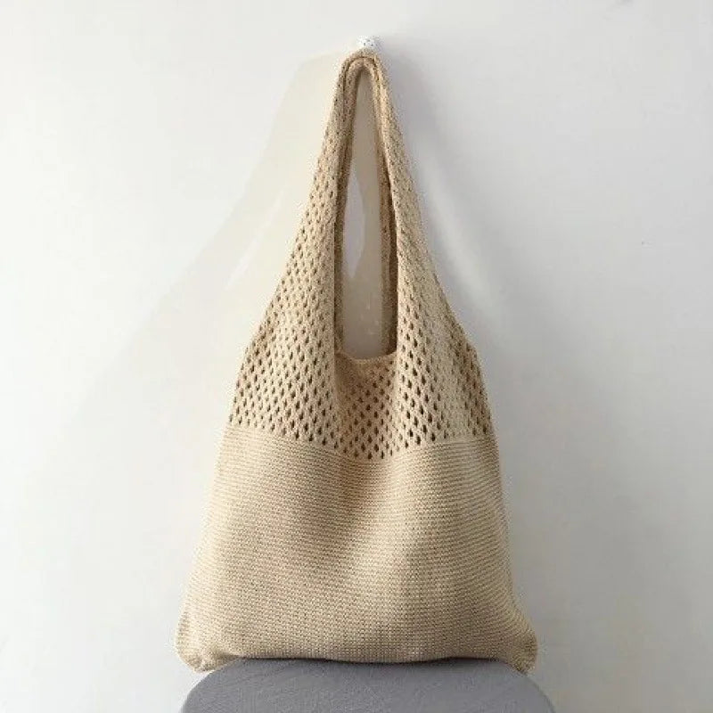 New Trend Women's Crochet Handbag | Retro Knitted Braid Solid Color Hollow Top-Handle Tote Bag (Black Khaki Shopper)