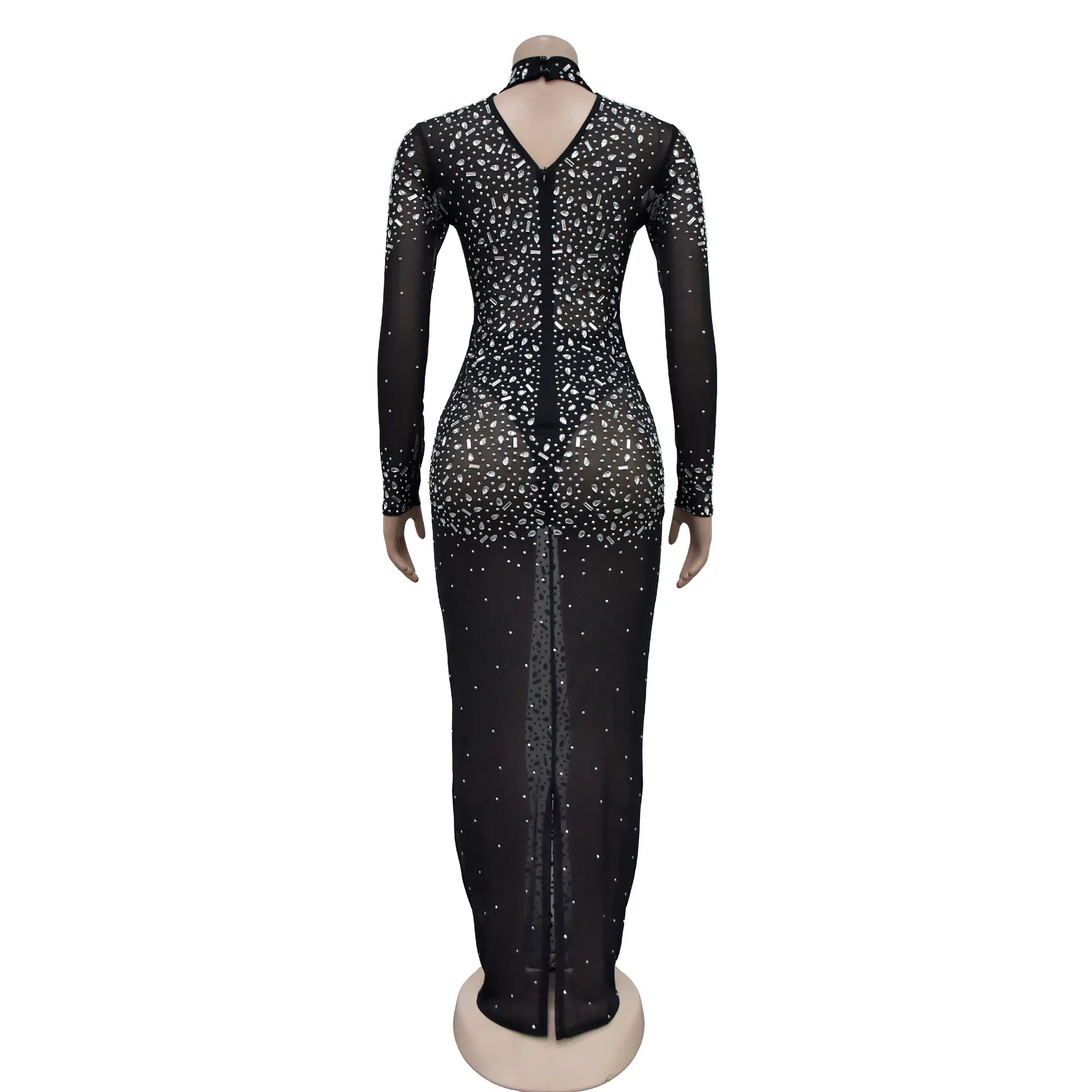 Glam See-Through Mesh Crystal Night Out Dress Birthday Outfits Vestido Women's Silver Rhinestones Long Maxi Dress
