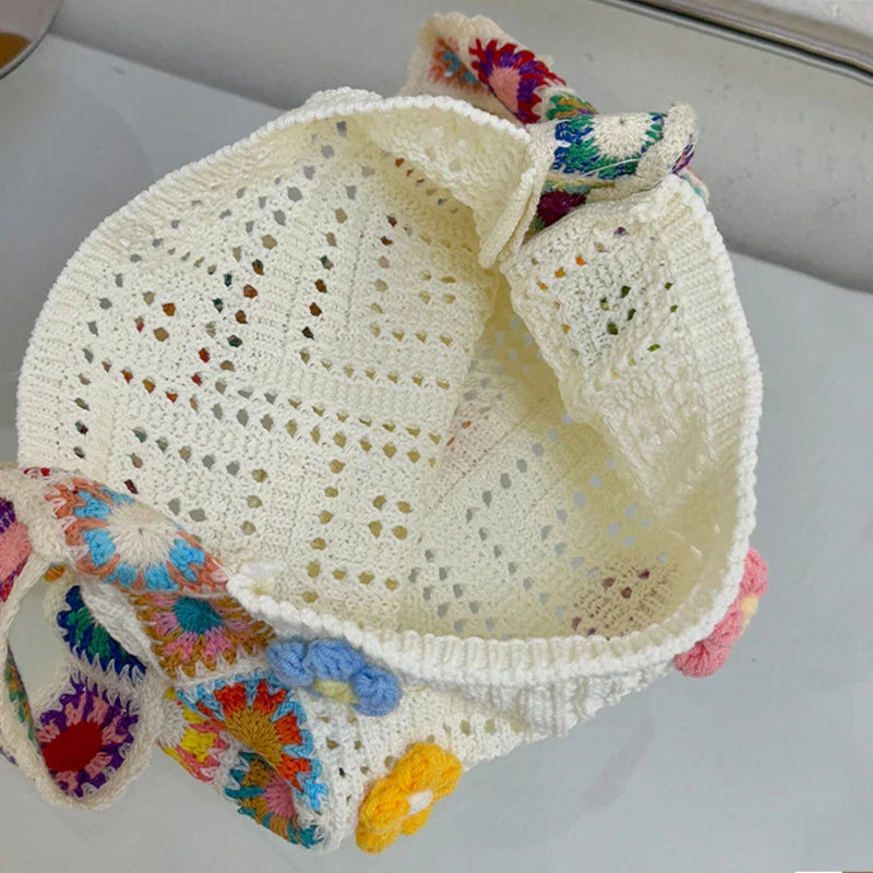 Trendy Large Capacity Boho Tote Bag | Floral Crochet Handbag & Vintage Multicolor Cut-out Knitted Shoulder Bag (Fashionable Hollow Out)