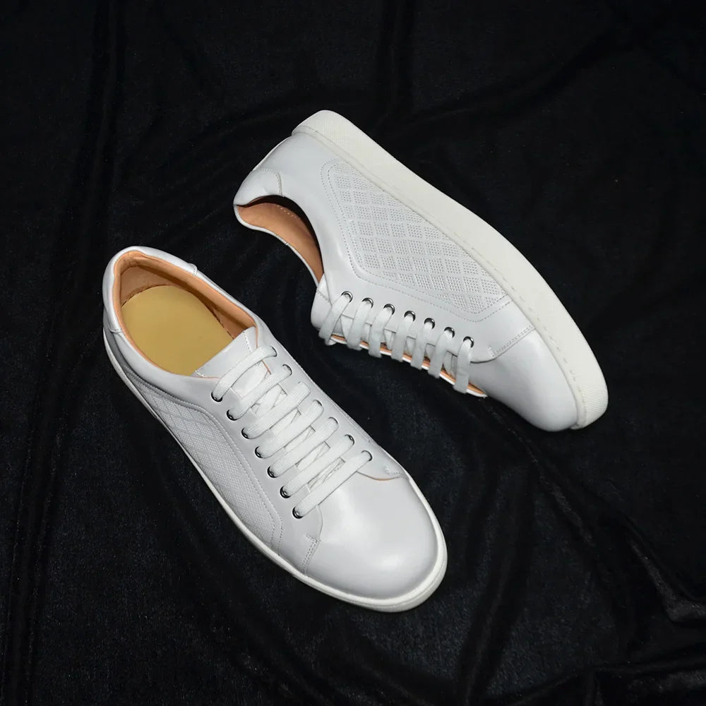 Luxury Designer Men's Genuine Leather Skateboard Sneakers | Classic Black, White & Brown Lace-Up Casual Oxfords