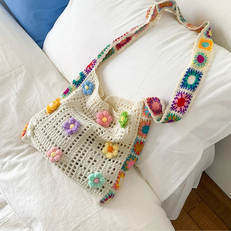 Trendy Large Capacity Boho Tote Bag | Floral Crochet Handbag & Vintage Multicolor Cut-out Knitted Shoulder Bag (Fashionable Hollow Out)