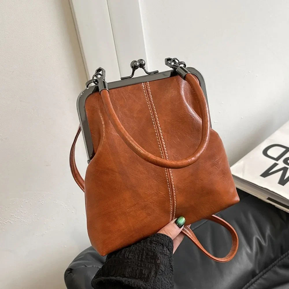 Elegant Kiss Lock Shoulder Bag | Large Capacity Retro Chinese Style Crossbody Bag & PU Leather Solid Color Vintage Women's Handbag