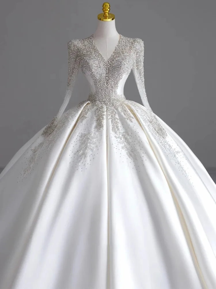 Long Sleeve Satin V-neck Wedding Gown EDW109