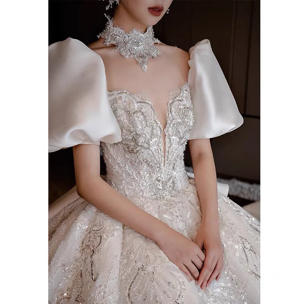 Glitter Satin Wedding Dress With High Neck EDL54