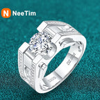 NeeTim 1ct 2ct Moissanite Ring For Men 925 Sterling Silver with White Gold Plated Wedding Band Man Rings Luxury Fine Jewelry