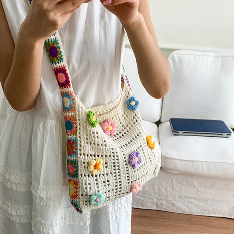 Trendy Large Capacity Boho Tote Bag | Floral Crochet Handbag & Vintage Multicolor Cut-out Knitted Shoulder Bag (Fashionable Hollow Out)