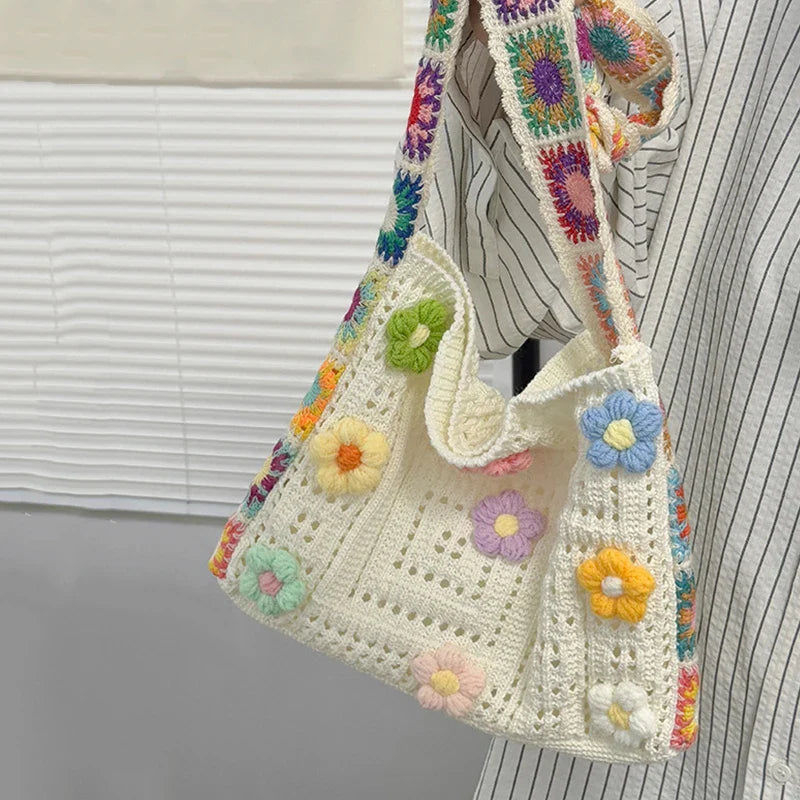 Trendy Large Capacity Boho Tote Bag | Floral Crochet Handbag & Vintage Multicolor Cut-out Knitted Shoulder Bag (Fashionable Hollow Out)