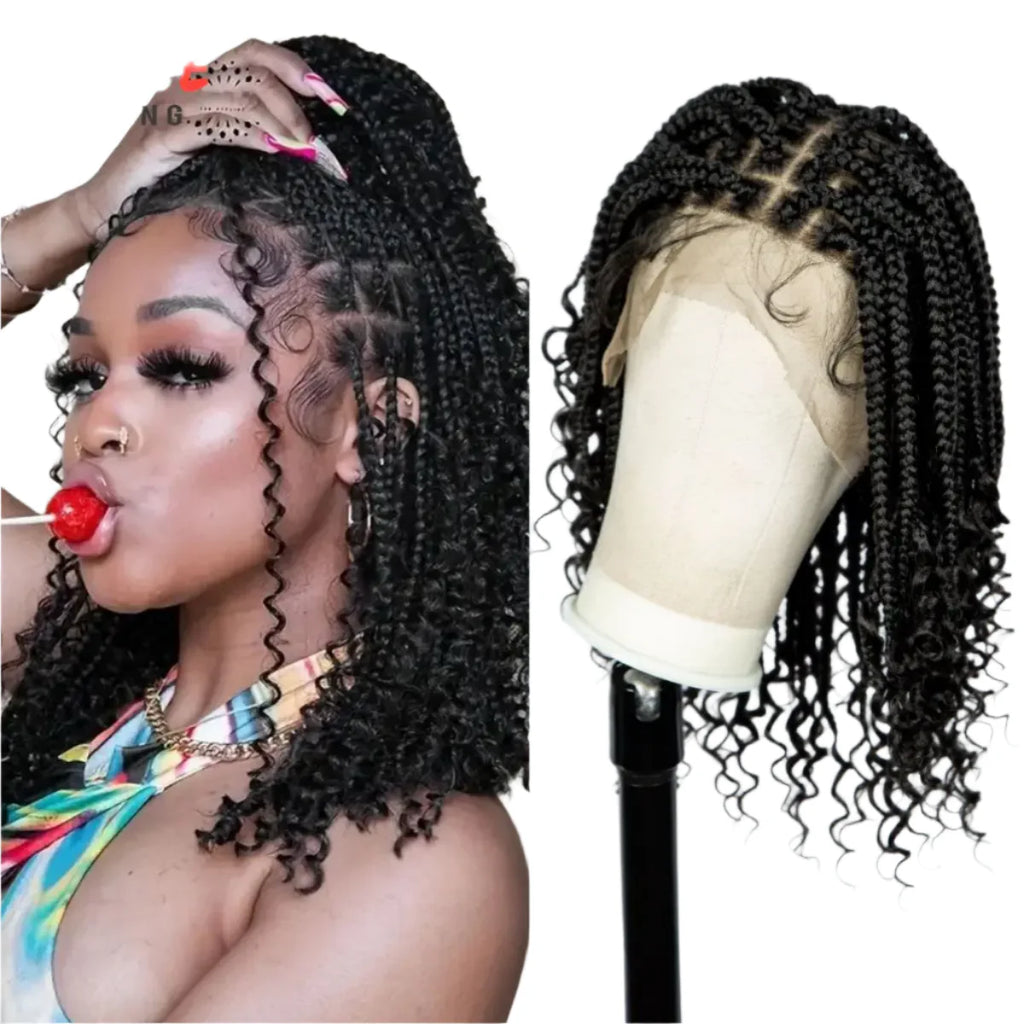 Knotless Box Boho Braided Wig with Curly Ends | Short Bob Style | Full Lace Synthetic Wig for Black Women