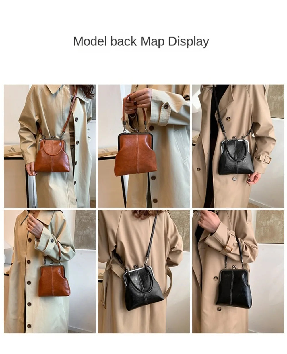 Elegant Kiss Lock Shoulder Bag | Large Capacity Retro Chinese Style Crossbody Bag & PU Leather Solid Color Vintage Women's Handbag