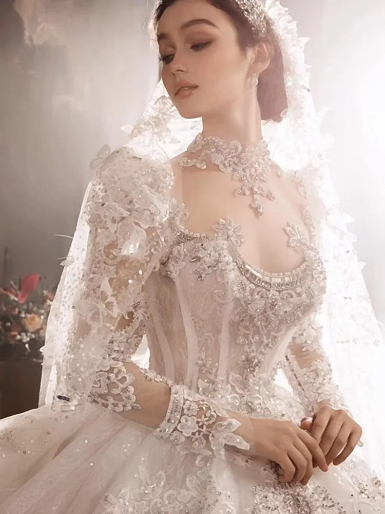 Crystal Long Sleeve Puffy Luxury Bridal Gown EDL102