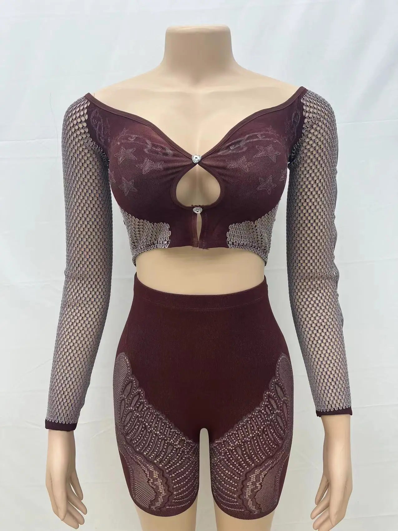 Summer Thin Off SHoulder Full Sleeve Hollow Top+Elastic Matching Shorts Mesh Patchwork 2 Piece Set Sheer New Clubwear