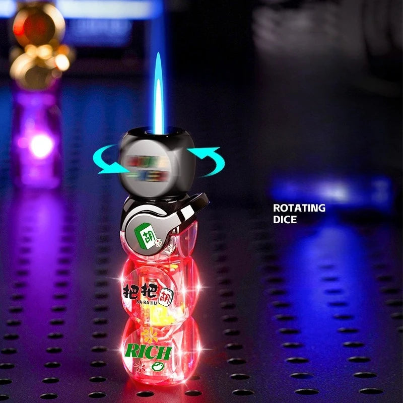 Metal Personalized Trendy Dice Flashing Light Inflatable Transparent Windproof Blue Flame Lighter Toy Men's Cigarette Lighter