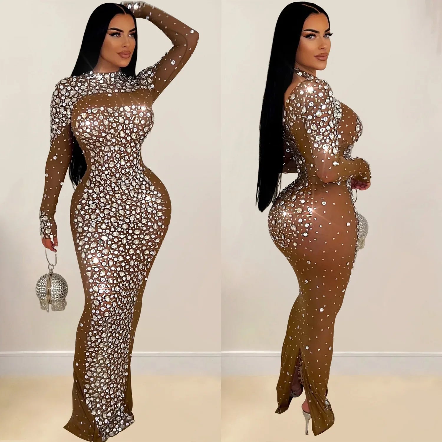 Glam See-Through Mesh Crystal Night Out Dress Birthday Outfits Vestido Women's Silver Rhinestones Long Maxi Dress