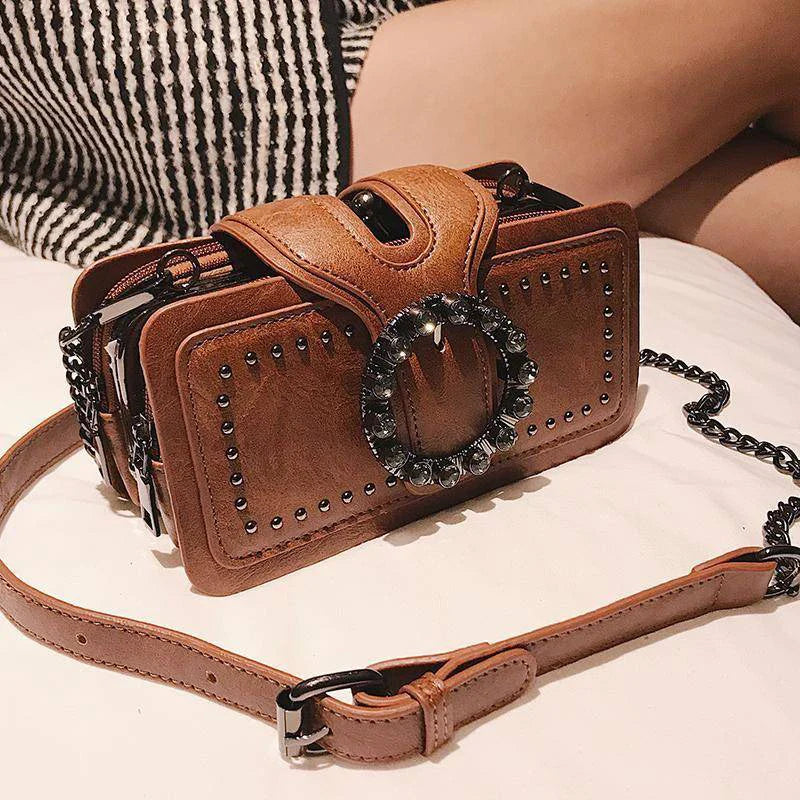 Vintage Round Rhinestone Buckle Shoulder Bag | Fashion Punk Design Top-Handle Crossbody Bag (Popular Rivets Decor Purse for Women)