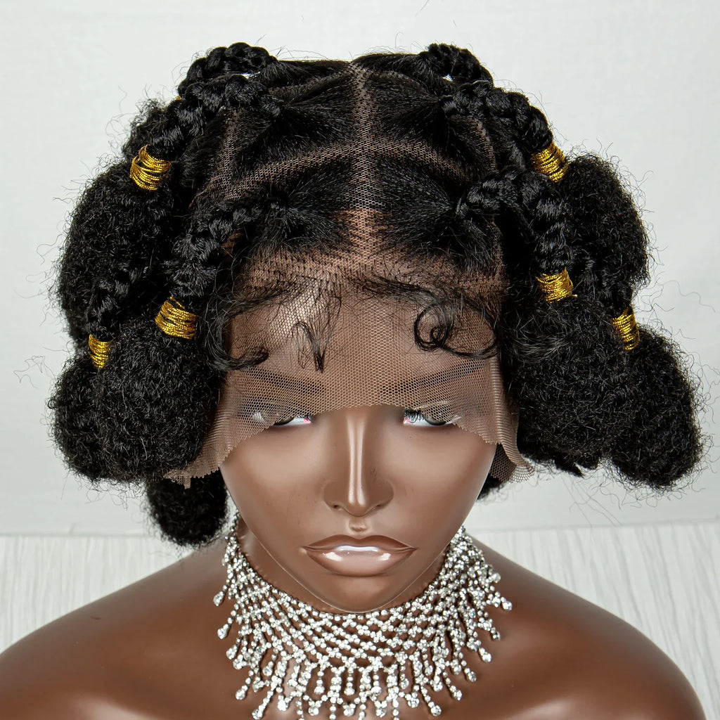 Handmade Bantu Knots Braided Wig | Short Knotless Braids | Full Lace Wig with Baby Hair | Synthetic Braiding Wig for Black Women