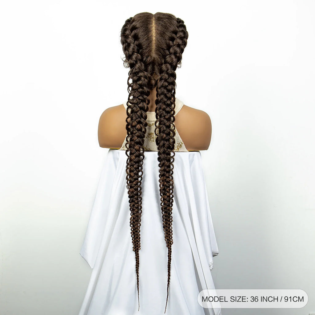 1B/30 Dark Brown Dutch Box Braids Wig | Synthetic Lace Frontal | Fishtail Braids | With Baby Hair | For Black Women