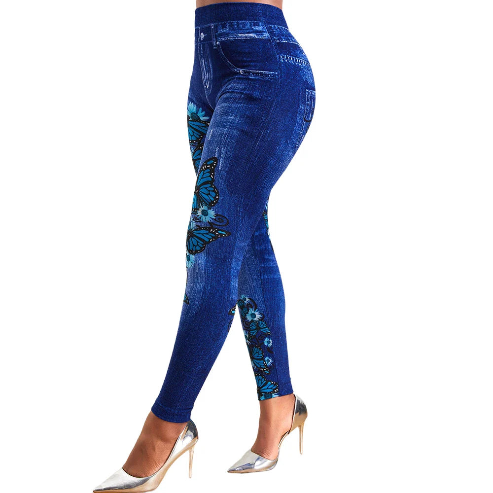 Plus Size Oversized Women High Waist Stretchy Legging Denim Look Skinny Leggings