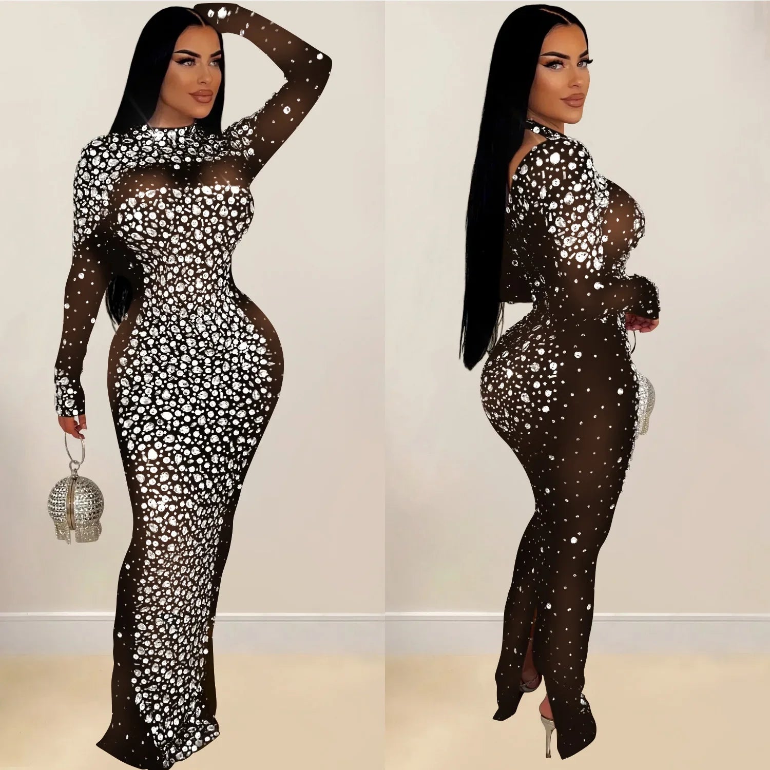 Glam See-Through Mesh Crystal Night Out Dress Birthday Outfits Vestido Women's Silver Rhinestones Long Maxi Dress