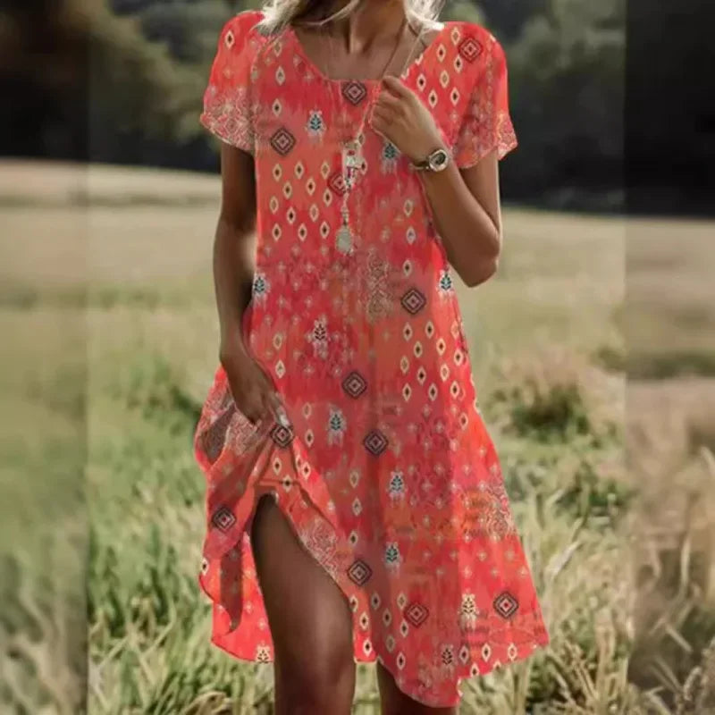 Artistic Ethnic Style Round Neck Medium-Length Dress Summer