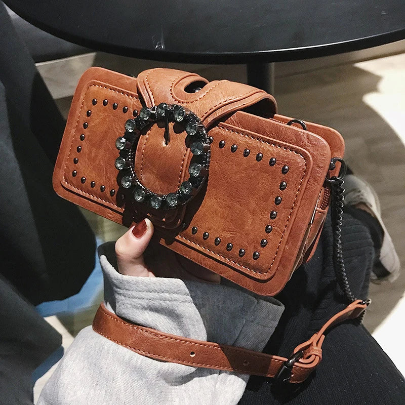 Vintage Round Rhinestone Buckle Shoulder Bag | Fashion Punk Design Top-Handle Crossbody Bag (Popular Rivets Decor Purse for Women)