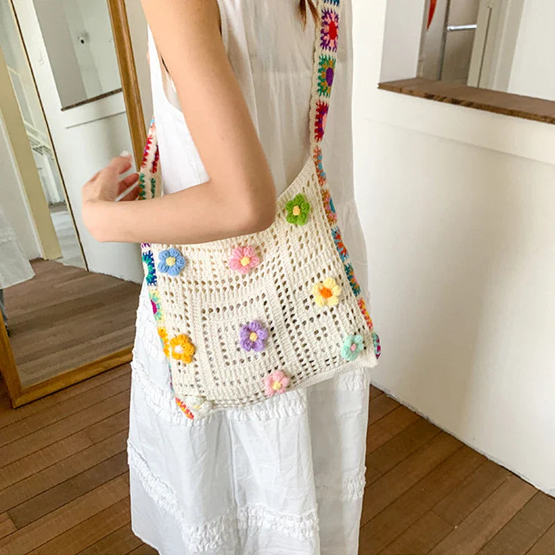 Trendy Large Capacity Boho Tote Bag | Floral Crochet Handbag & Vintage Multicolor Cut-out Knitted Shoulder Bag (Fashionable Hollow Out)
