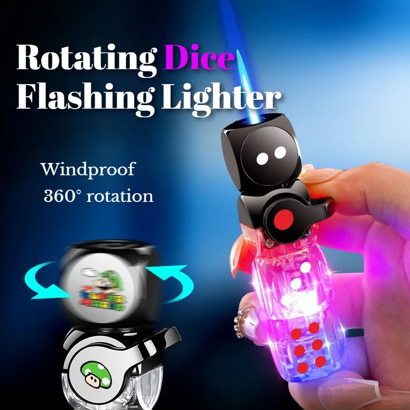 Metal Personalized Trendy Dice Flashing Light Inflatable Transparent Windproof Blue Flame Lighter Toy Men's Cigarette Lighter