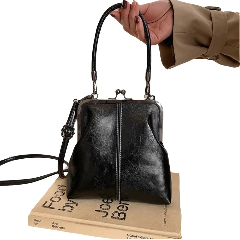 Elegant Kiss Lock Shoulder Bag | Large Capacity Retro Chinese Style Crossbody Bag & PU Leather Solid Color Vintage Women's Handbag