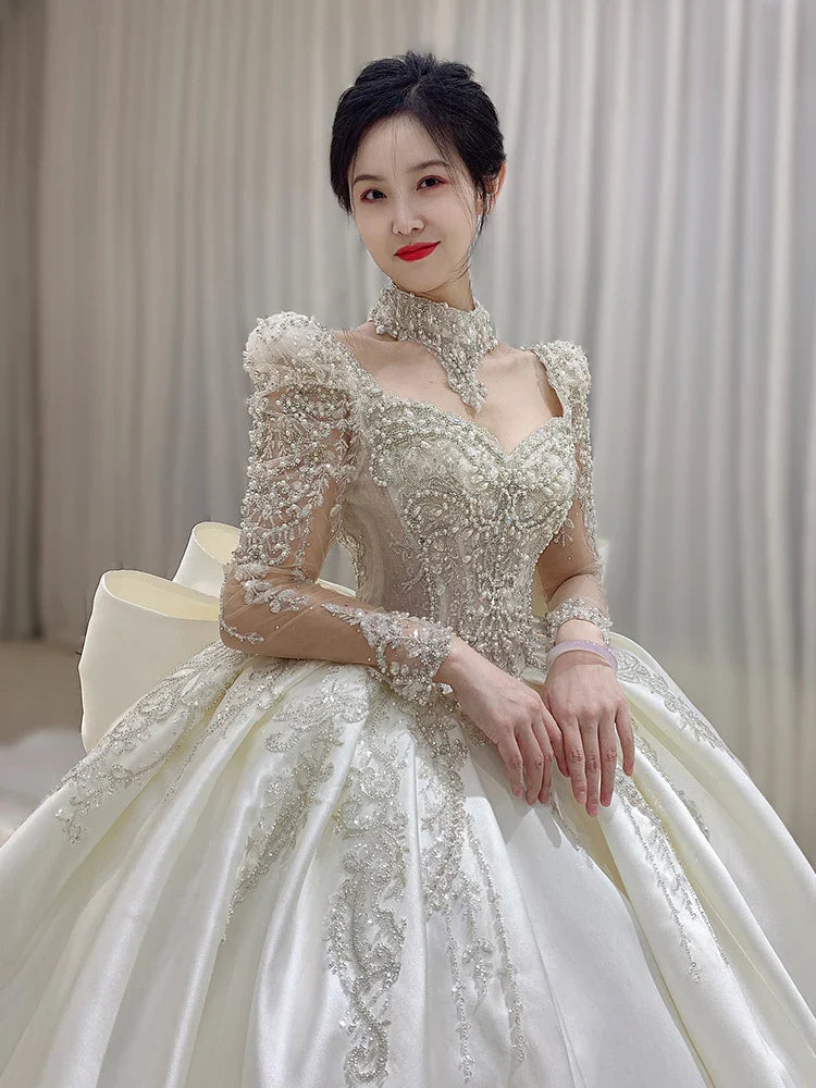 Luxurious Long Sleeves Wedding Satin Gown EDW21