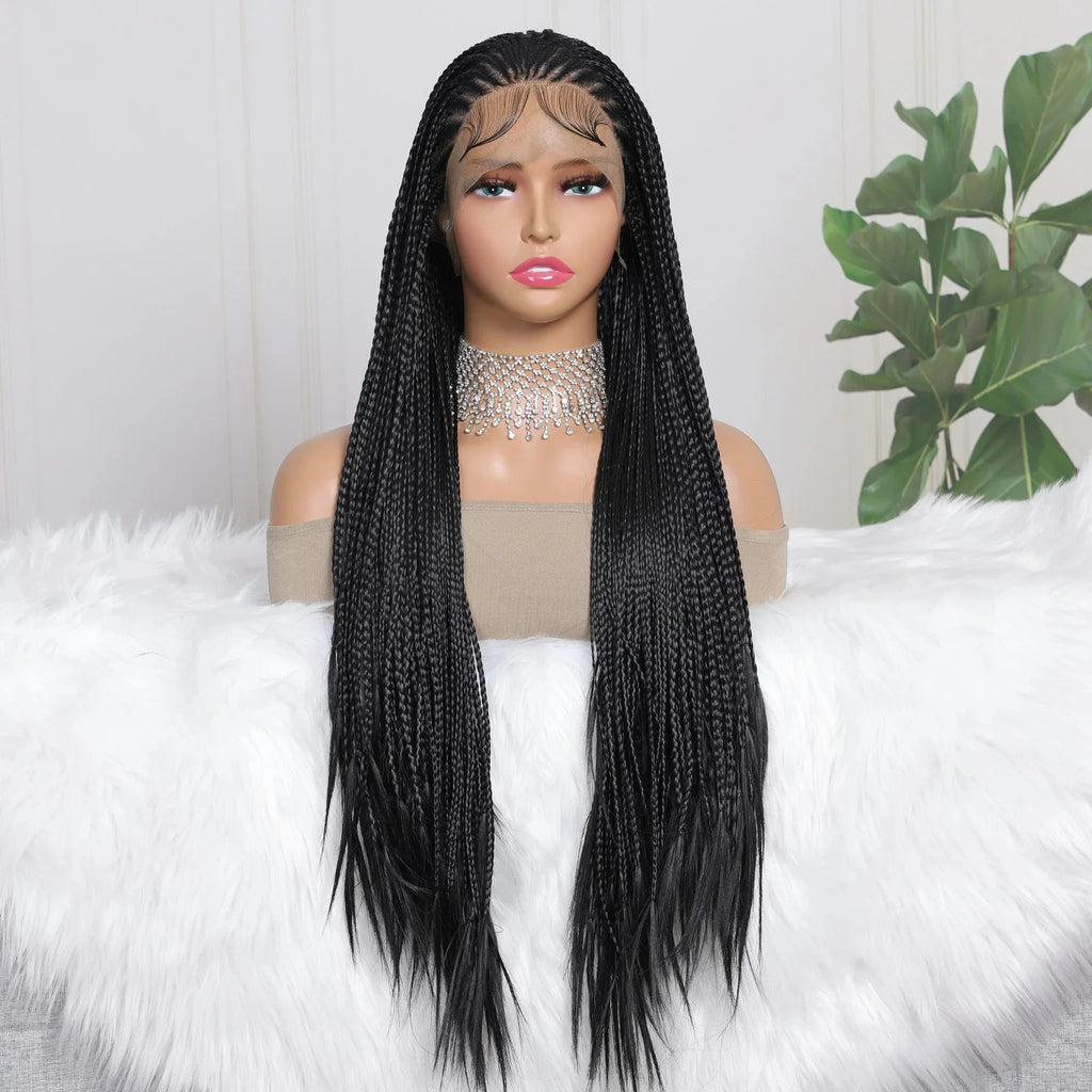 13x4 Goddess Faux Locs Braided Wig | Knotless Twist Box Braids | Long Synthetic Lace Front | Bleached Knots