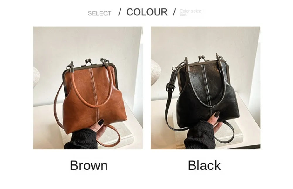 Elegant Kiss Lock Shoulder Bag | Large Capacity Retro Chinese Style Crossbody Bag & PU Leather Solid Color Vintage Women's Handbag