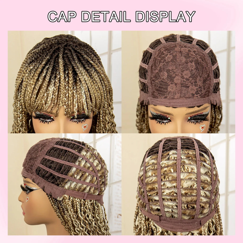 Short 14" Bob Braided Wig | Curly Knotless Box Braids | Synthetic Machine Made Wig | For Black Women