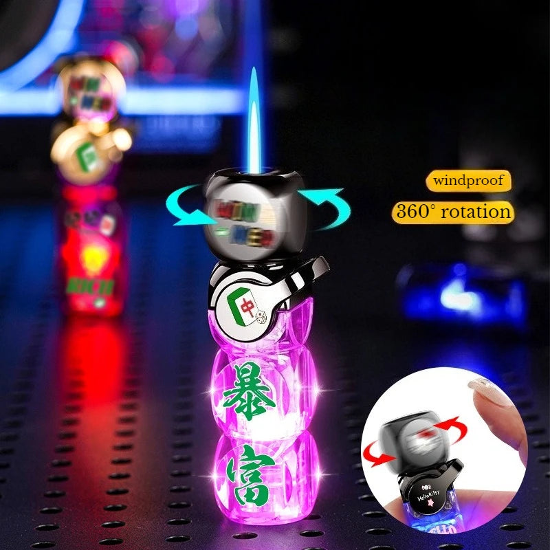 Metal Personalized Trendy Dice Flashing Light Inflatable Transparent Windproof Blue Flame Lighter Toy Men's Cigarette Lighter